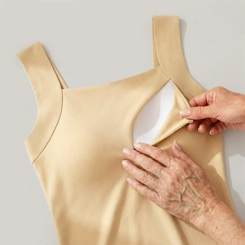 Removable pad detail on Maggie's built-in bra comfort tank in grey